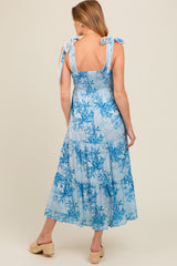 Blue Crochet Trim Floral Maternity Maxi Dress