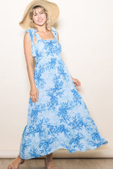 Blue Crochet Trim Floral Maxi Dress