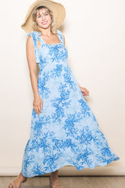 Blue Crochet Trim Floral Maxi Dress