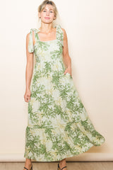 Green Crochet Trim Floral Maxi Dress