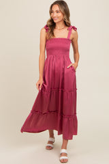 Mauve Satin Smocked Maxi Dress