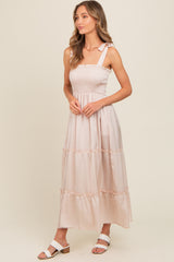 Beige Satin Smocked Maxi Dress