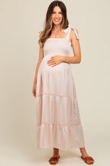 Beige Satin Smocked Maternity Maxi Dress