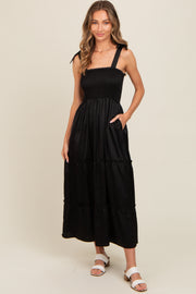 Black Satin Smocked Maxi Dress