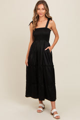 Black Satin Smocked Maternity Maxi Dress