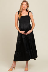 Black Satin Smocked Maternity Maxi Dress