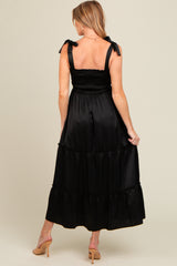 Black Satin Smocked Maternity Maxi Dress