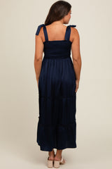 Navy Satin Smocked Maternity Maxi Dress