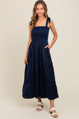 Navy Satin Smocked Maternity Maxi Dress