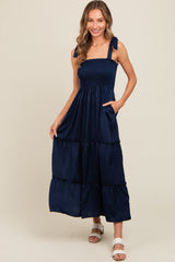 Navy Satin Smocked Maxi Dress