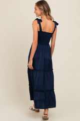 Navy Satin Smocked Maxi Dress