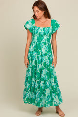 Green Floral Smocked Maternity Maxi Dress