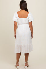 White Heart Embroidered Short Puff Sleeve Maternity Midi Dress