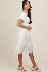 White Heart Embroidered Short Puff Sleeve Midi Dress