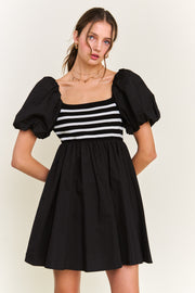 Black Knit Contrast Poplin Dress