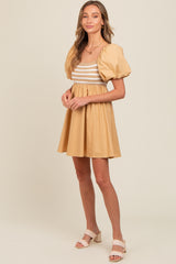 Beige Knit Contrast Poplin Dress