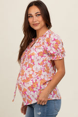 Magenta Floral Ruffle Tie Maternity Blouse