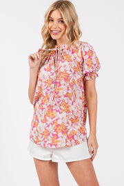 Magenta Floral Ruffle Tie Blouse