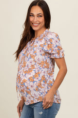 Blue Floral Ruffle Tie Maternity Blouse