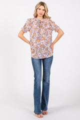 Blue Floral Ruffle Tie Blouse