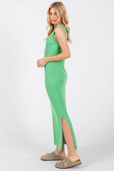 Green Ribbed Side Slit Maxi Dress