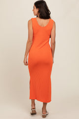 Orange Ribbed Side Slit Maxi Dress