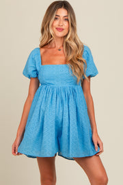 Blue Eyelet Lace Puff Sleeve Maternity Romper