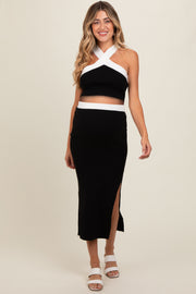 Black Colorblock Knit Crop Top Skirt Maternity Set