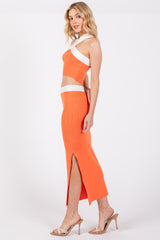 Orange Colorblock Knit Crop Top Skirt Set