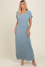 Light Blue Ribbed V-Neck Midi Dress