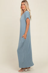 Light Blue Ribbed V-Neck Midi Dress