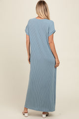 Light Blue Ribbed V-Neck Midi Dress