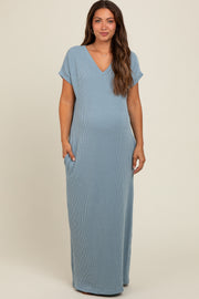 Light Blue Ribbed V-Neck Maternity Midi Dress