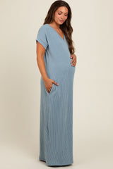 Light Blue Ribbed V-Neck Maternity Midi Dress