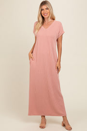 Salmon Ribbed V-Neck Midi Dress