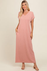 Salmon Ribbed V-Neck Maternity Midi Dress