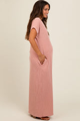 Salmon Ribbed V-Neck Maternity Midi Dress