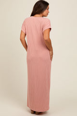 Salmon Ribbed V-Neck Maternity Midi Dress