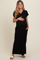 Black Ribbed V-Neck Maternity Midi Dress