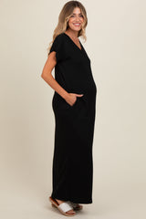 Black Ribbed V-Neck Maternity Midi Dress