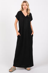 Black Ribbed V-Neck Maternity Midi Dress