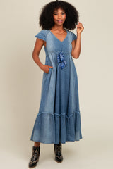 Blue Denim Sash Waist Maxi Dress