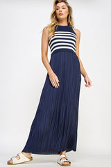 Navy Striped Contrast Knit Pleated Maxi Dress