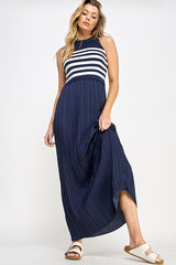 Navy Striped Contrast Knit Pleated Maxi Dress