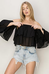 Black Off Shoulder Layered Crop Top