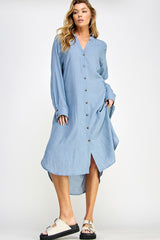 Blue Button Down Maternity Midi Dress