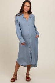 Blue Button Down Maternity Midi Dress