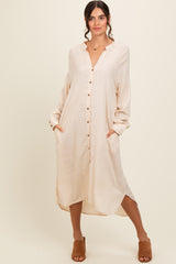 Beige Button Down Maternity Midi Dress