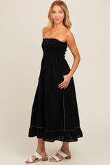 Black Smocked Strapless Midi Dress