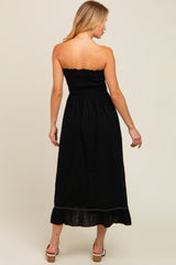 Black Smocked Strapless Midi Dress